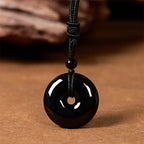 Fortune Jewel Natural Black Obsidian Peace Buckle Strength Rope Necklace Pendant