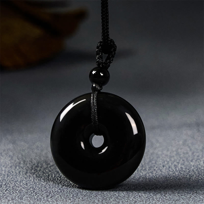 Fortune Jewel Natural Black Obsidian Peace Buckle Strength Rope Necklace Pendant