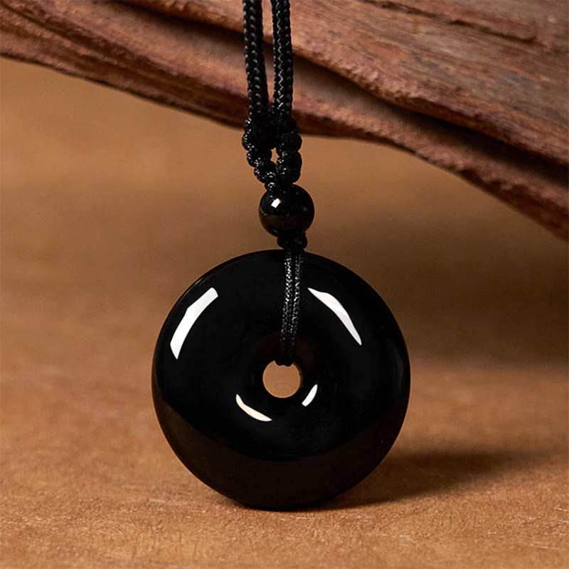 Fortune Jewel Natural Black Obsidian Peace Buckle Strength Rope Necklace Pendant