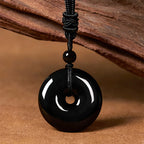 Fortune Jewel Natural Black Obsidian Peace Buckle Strength Rope Necklace Pendant