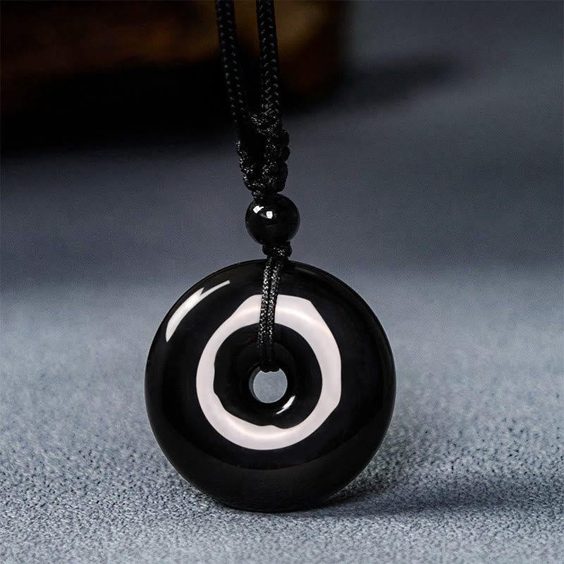 Fortune Jewel Natural Black Obsidian Peace Buckle Strength Rope Necklace Pendant