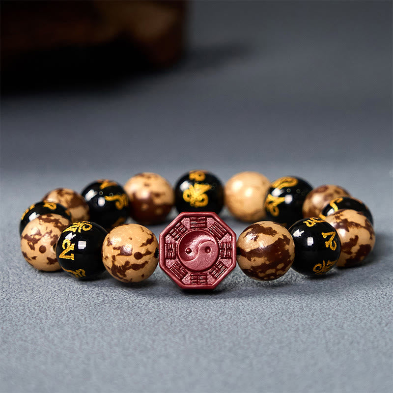 Fortune Jewel Bodhi Seed Om Mani Padme Hum Bagua Yin Yang Cinnabar Carved Calm Bracelet