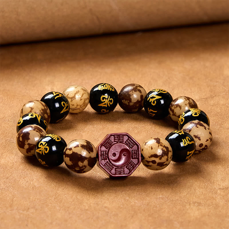 Fortune Jewel Bodhi Seed Om Mani Padme Hum Bagua Yin Yang Cinnabar Carved Calm Bracelet