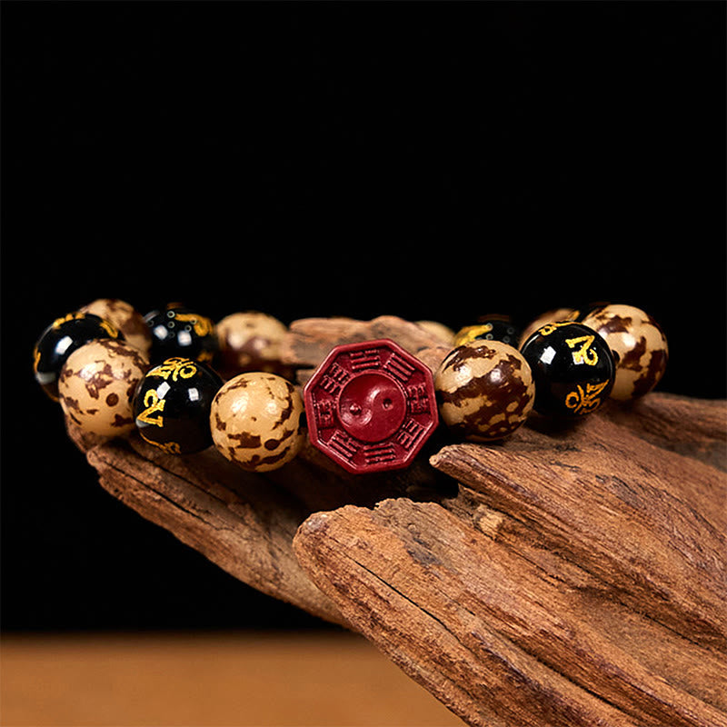Fortune Jewel Bodhi Seed Om Mani Padme Hum Bagua Yin Yang Cinnabar Carved Calm Bracelet