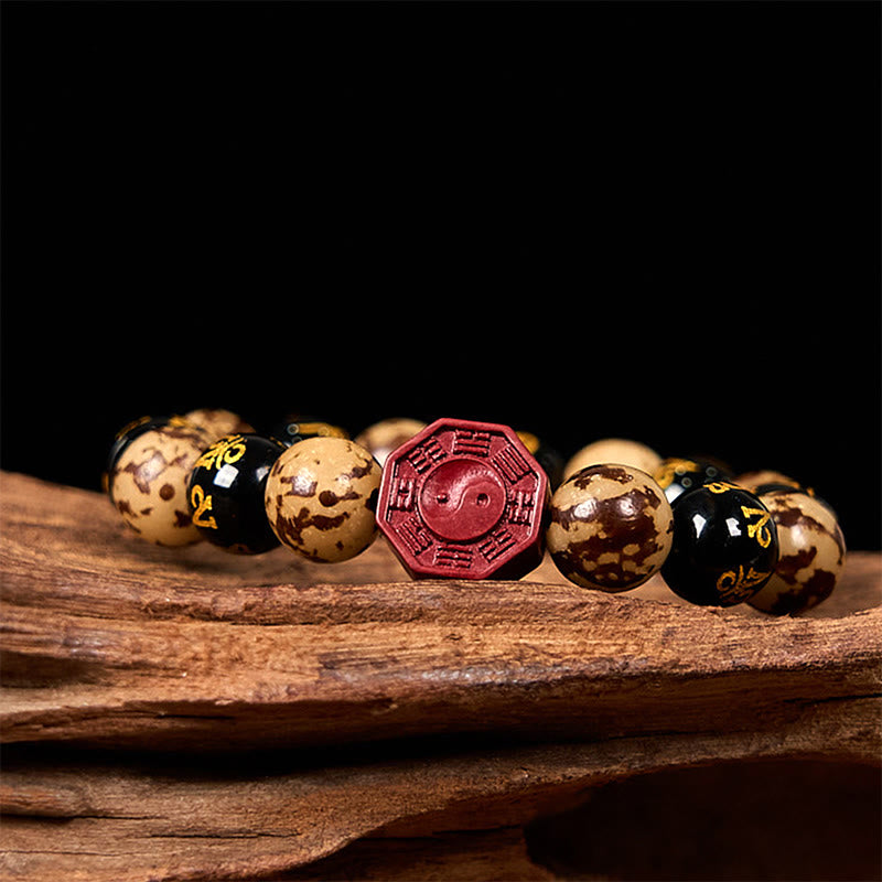 Fortune Jewel Bodhi Seed Om Mani Padme Hum Bagua Yin Yang Cinnabar Carved Calm Bracelet