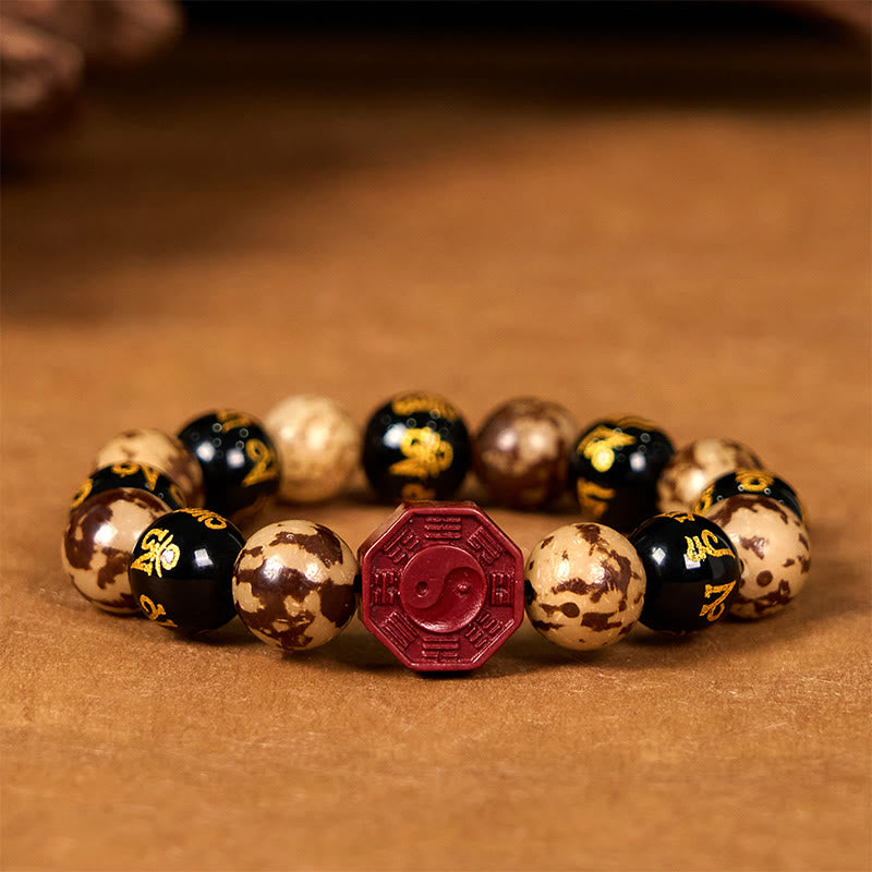 Fortune Jewel Bodhi Seed Om Mani Padme Hum Bagua Yin Yang Cinnabar Carved Calm Bracelet