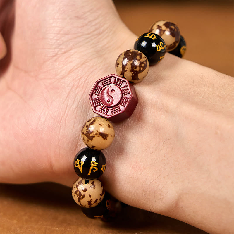 Fortune Jewel Bodhi Seed Om Mani Padme Hum Bagua Yin Yang Cinnabar Carved Calm Bracelet
