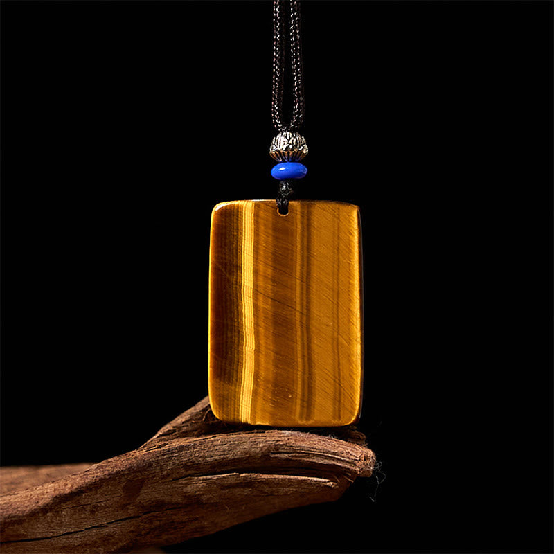 Fortune Jewel Natural Tiger Eye Square Tiger Pattern Protection Rope Necklace Pendant