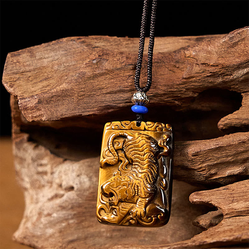 Fortune Jewel Natural Tiger Eye Square Tiger Pattern Protection Rope Necklace Pendant
