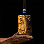 Fortune Jewel Natural Tiger Eye Square Tiger Pattern Protection Rope Necklace Pendant
