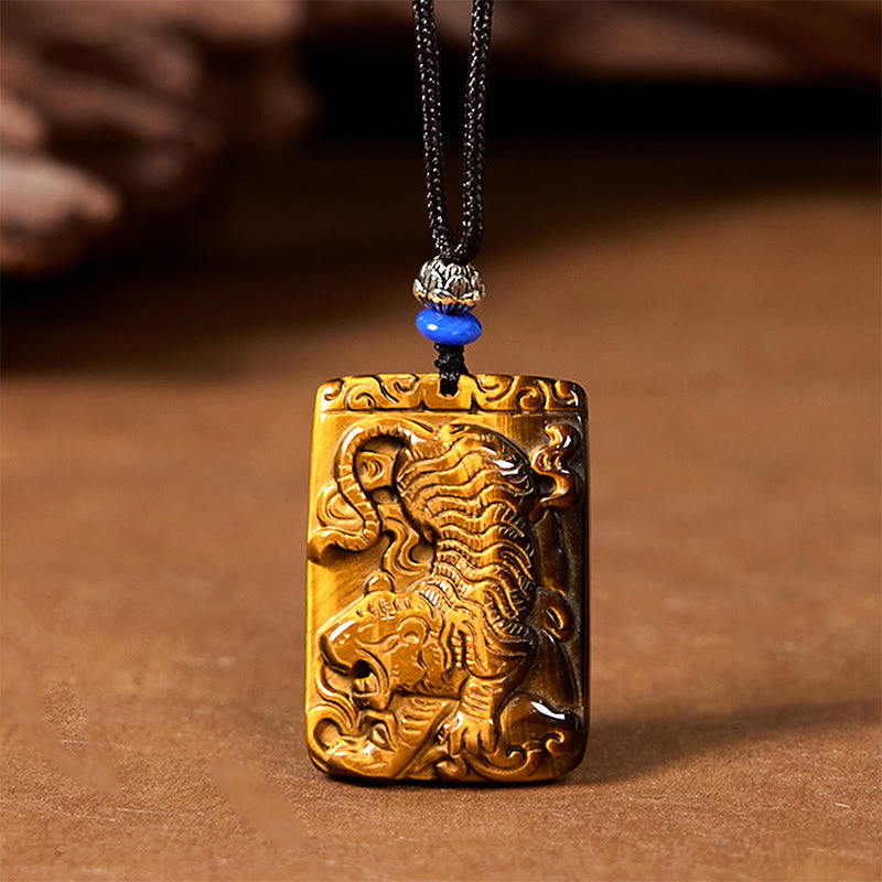 Fortune Jewel Natural Tiger Eye Square Tiger Pattern Protection Rope Necklace Pendant