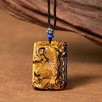 Fortune Jewel Natural Tiger Eye Square Tiger Pattern Protection Rope Necklace Pendant