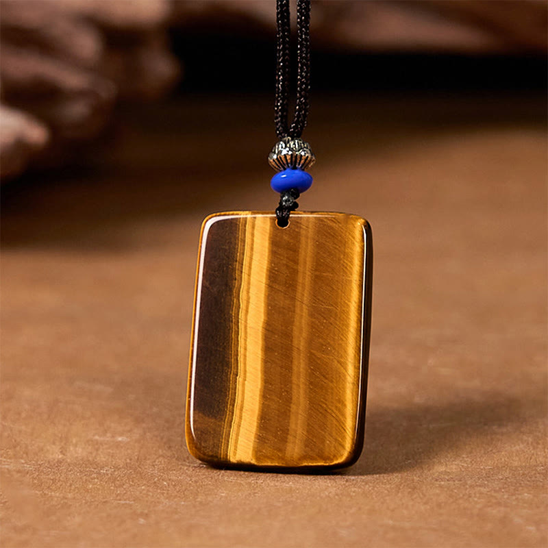 Fortune Jewel Natural Tiger Eye Square Tiger Pattern Protection Rope Necklace Pendant