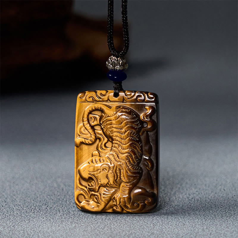 Fortune Jewel Natural Tiger Eye Square Tiger Pattern Protection Rope Necklace Pendant