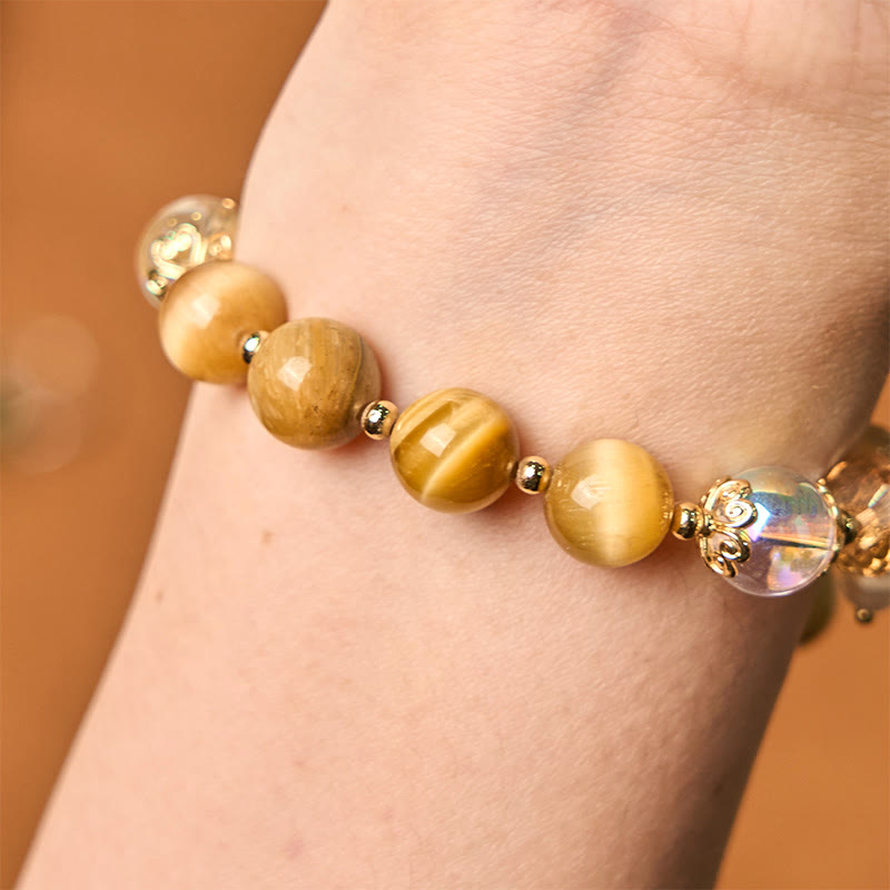 Fortune Jewel Natural Tiger Eye Beads Green Leaf Courage Bracelet