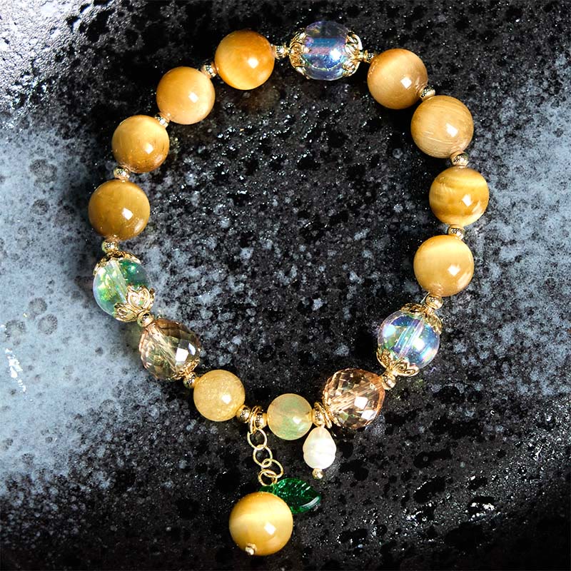 Fortune Jewel Natural Tiger Eye Beads Green Leaf Courage Bracelet