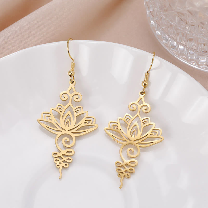 Fortune Jewel Hollow Lotus Flower Stainless Steel Enlightenment Metal Drop Earrings