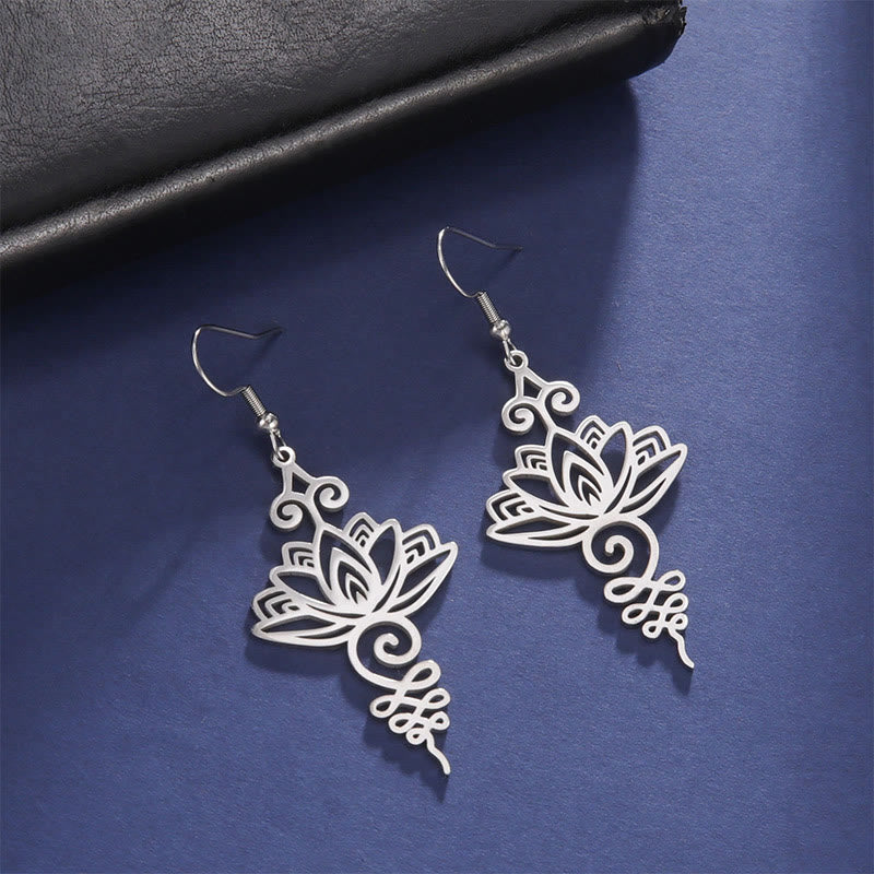 Fortune Jewel Hollow Lotus Flower Stainless Steel Enlightenment Metal Drop Earrings
