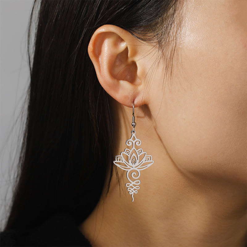 Fortune Jewel Hollow Lotus Flower Stainless Steel Enlightenment Metal Drop Earrings