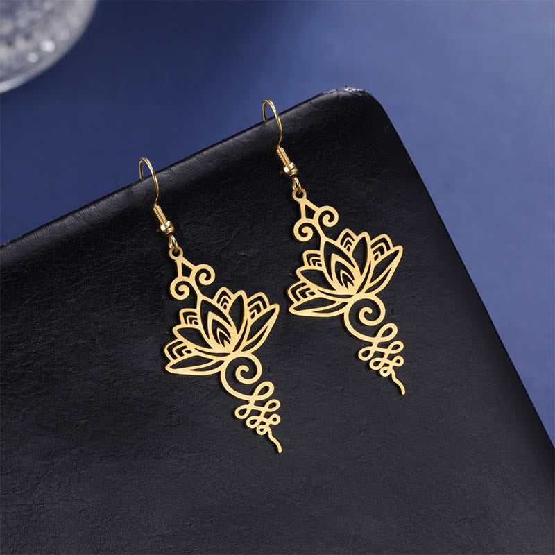 Fortune Jewel Hollow Lotus Flower Stainless Steel Enlightenment Metal Drop Earrings
