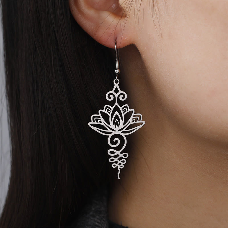 Fortune Jewel Hollow Lotus Flower Stainless Steel Enlightenment Metal Drop Earrings