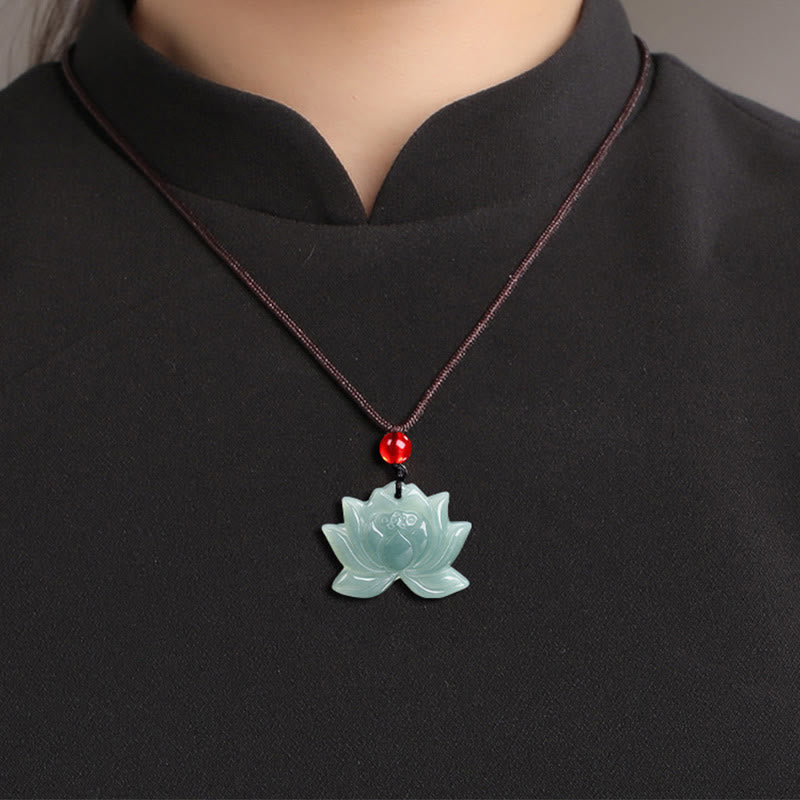 Fortune Jewel Lotus Flower Pattern Carved Jade Prosperity Necklace Pendant