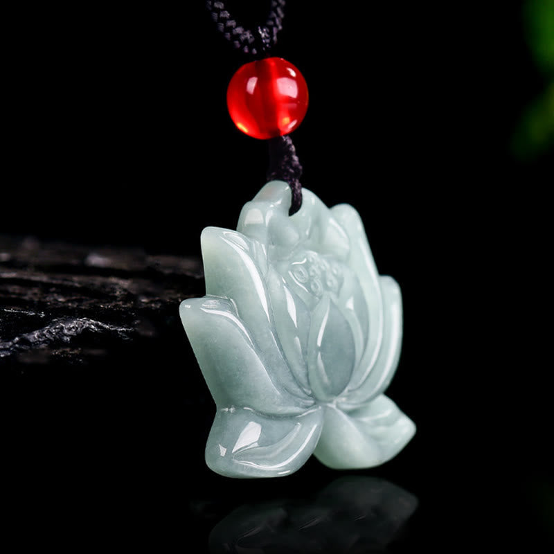 Fortune Jewel Lotus Flower Pattern Carved Jade Prosperity Necklace Pendant