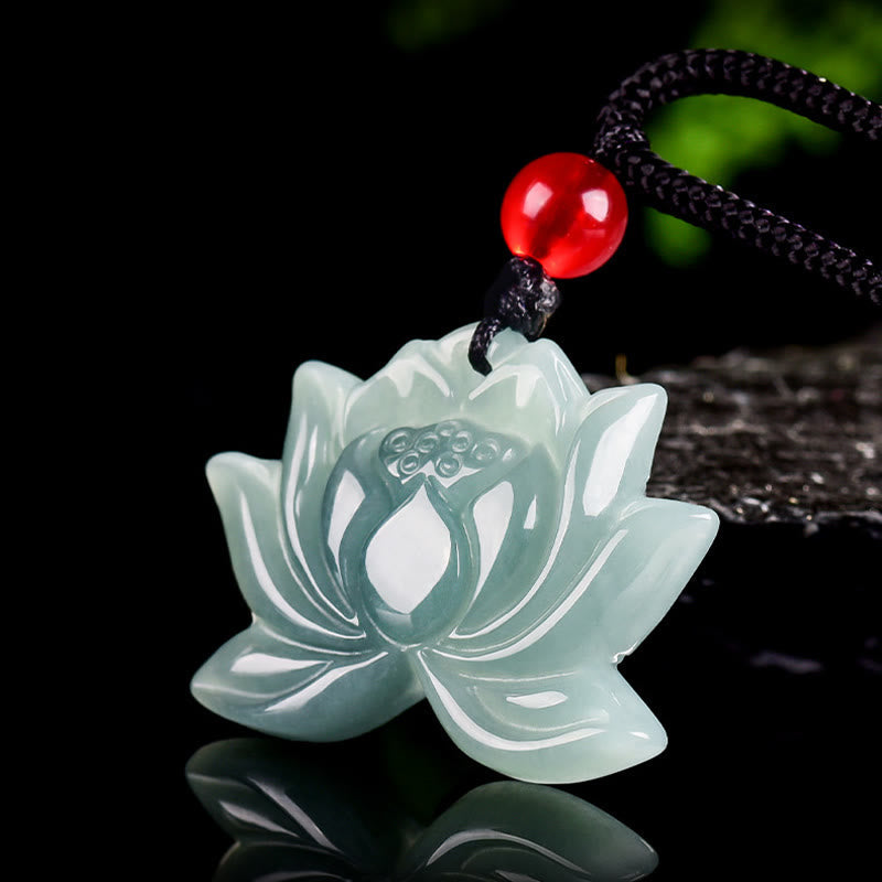 Fortune Jewel Lotus Flower Pattern Carved Jade Prosperity Necklace Pendant