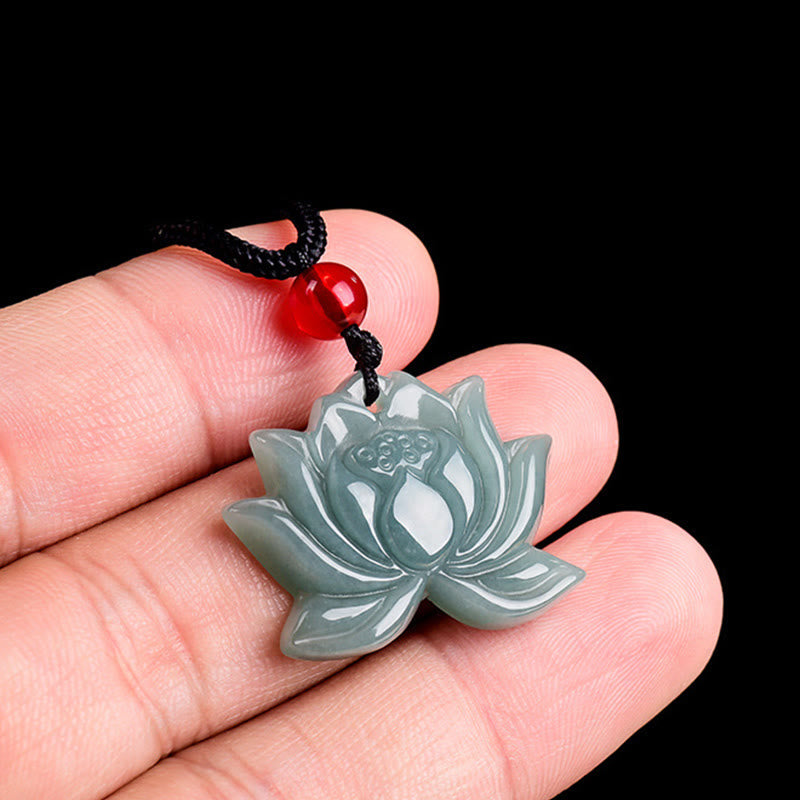 Fortune Jewel Lotus Flower Pattern Carved Jade Prosperity Necklace Pendant