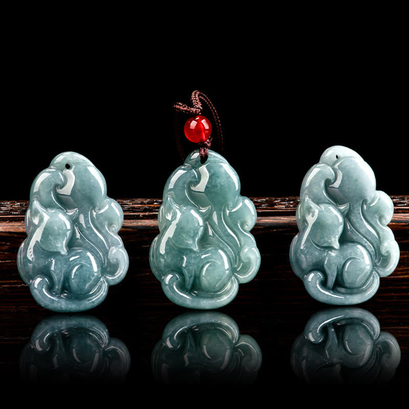 Fortune Jewel Natural Green Jade Nine Tailed Fox Fairy Prosperity Necklace Pendant