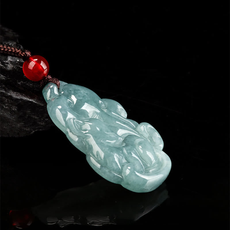 Fortune Jewel Natural Green Jade Nine Tailed Fox Fairy Prosperity Necklace Pendant