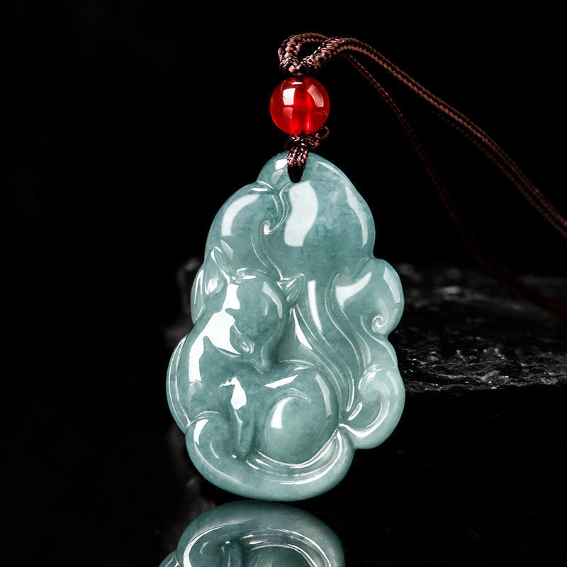 Fortune Jewel Natural Green Jade Nine Tailed Fox Fairy Prosperity Necklace Pendant