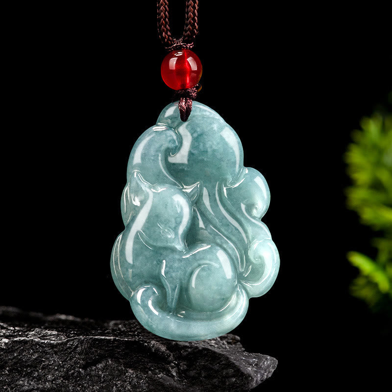 Fortune Jewel Natural Green Jade Nine Tailed Fox Fairy Prosperity Necklace Pendant