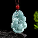 Fortune Jewel Natural Green Jade Nine Tailed Fox Fairy Prosperity Necklace Pendant