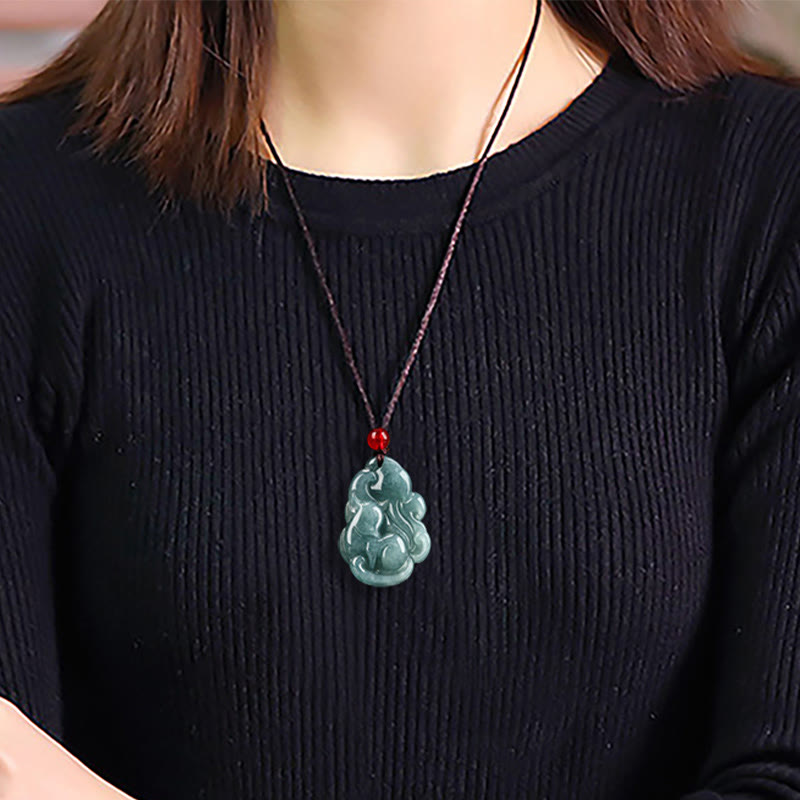 Fortune Jewel Natural Green Jade Nine Tailed Fox Fairy Prosperity Necklace Pendant