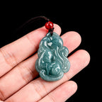 Fortune Jewel Natural Green Jade Nine Tailed Fox Fairy Prosperity Necklace Pendant