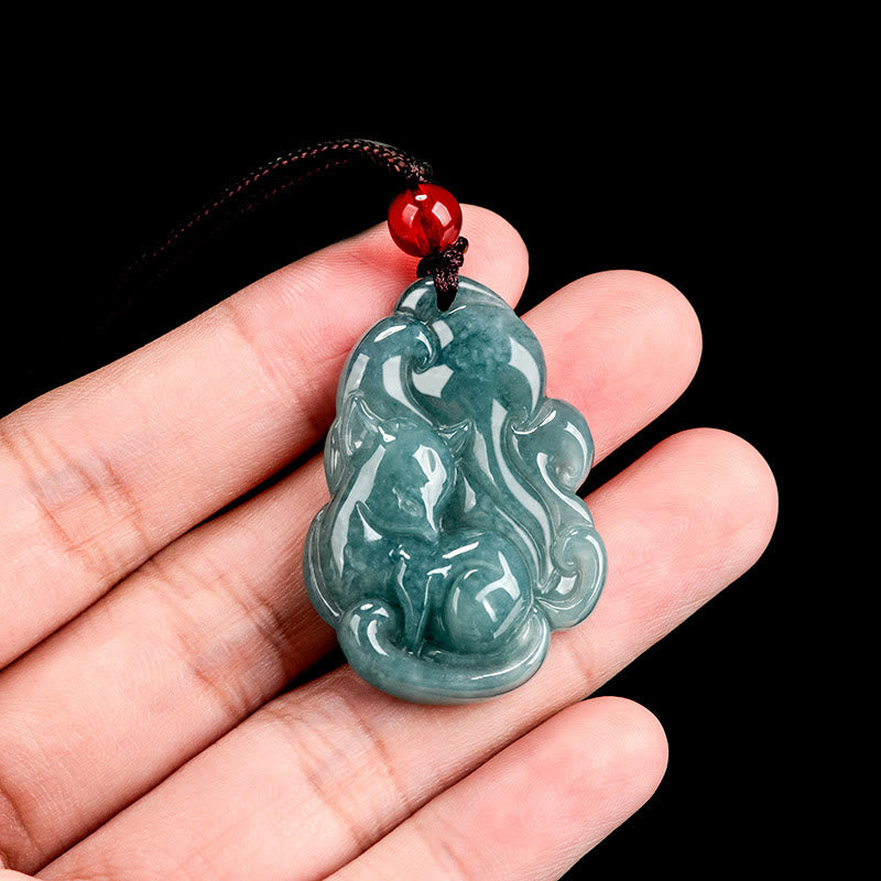 Fortune Jewel Natural Green Jade Nine Tailed Fox Fairy Prosperity Necklace Pendant