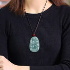 Fortune Jewel Natural Green Jade Nine Tailed Fox Flowers Luck Necklace Pendant