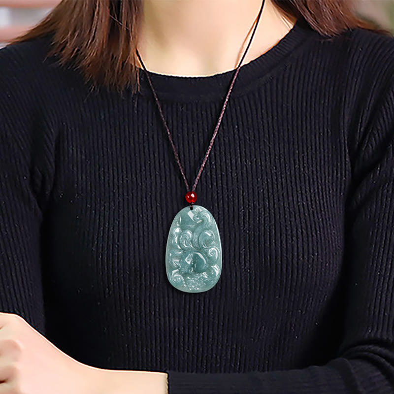 Fortune Jewel Natural Green Jade Nine Tailed Fox Flowers Luck Necklace Pendant