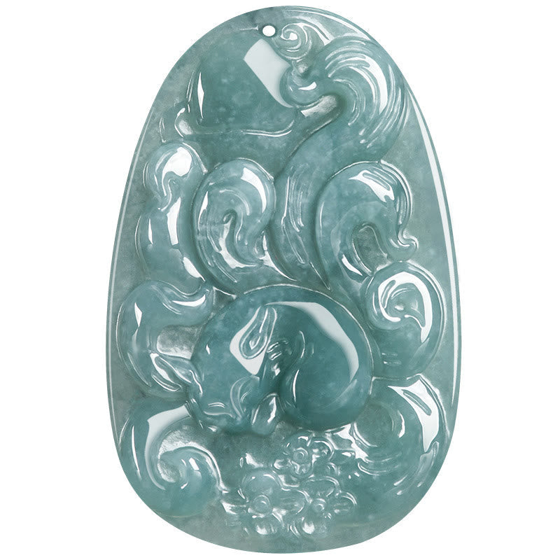 Fortune Jewel Natural Green Jade Nine Tailed Fox Flowers Luck Necklace Pendant