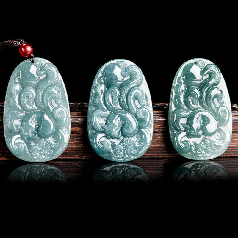 Fortune Jewel Natural Green Jade Nine Tailed Fox Flowers Luck Necklace Pendant