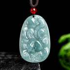 Fortune Jewel Natural Green Jade Nine Tailed Fox Flowers Luck Necklace Pendant