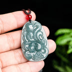 Fortune Jewel Natural Green Jade Nine Tailed Fox Flowers Luck Necklace Pendant