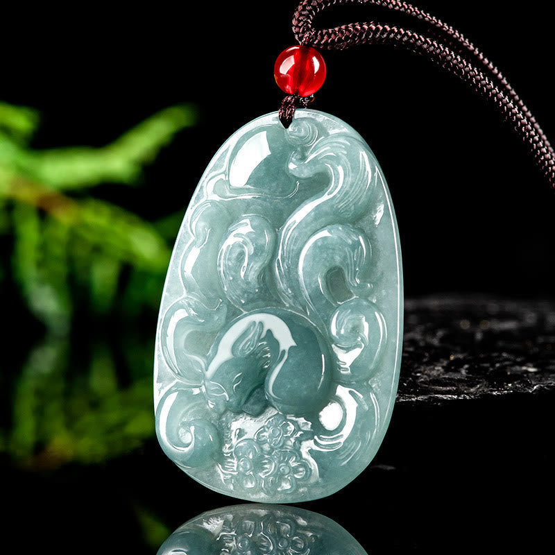 Fortune Jewel Natural Green Jade Nine Tailed Fox Flowers Luck Necklace Pendant
