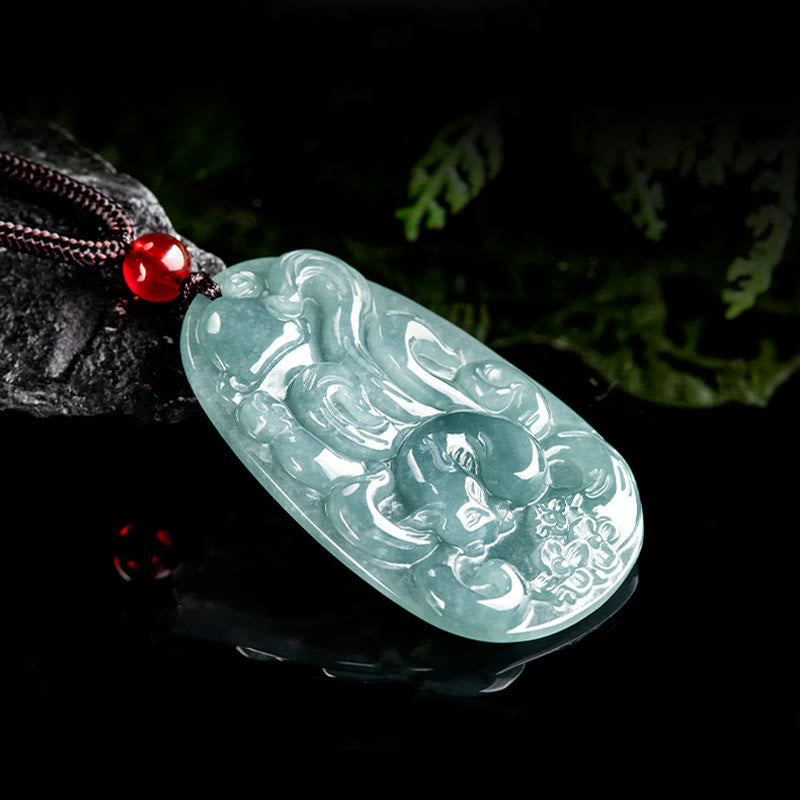 Fortune Jewel Natural Green Jade Nine Tailed Fox Flowers Luck Necklace Pendant