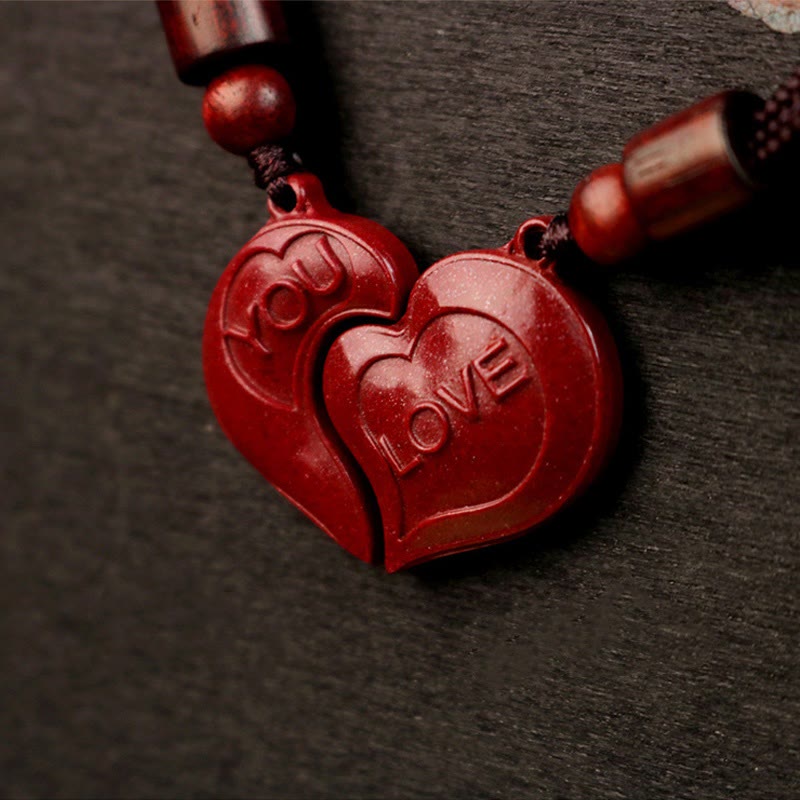 Fortune Jewel 2Pcs LOVE YOU Natural Cinnabar Love Heart String Blessing Couple Necklace Pendant