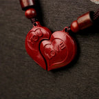 Fortune Jewel 2Pcs LOVE YOU Natural Cinnabar Love Heart String Blessing Couple Necklace Pendant