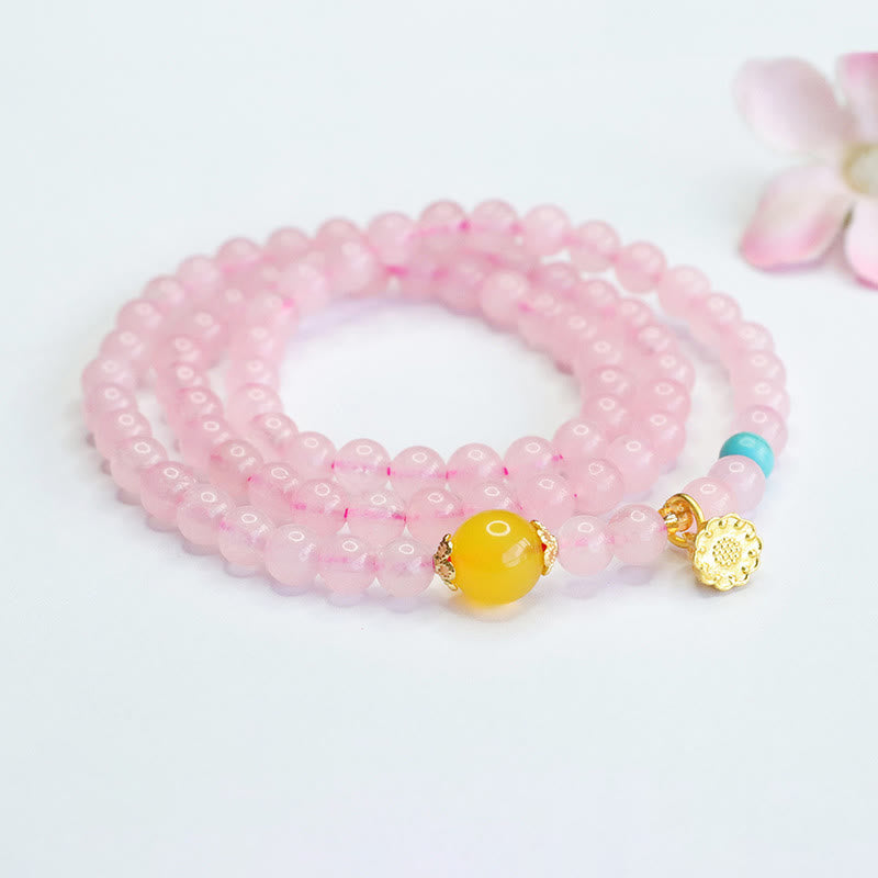 Fortune Jewel Pink Crystal Multi-Circle Yellow Chalcedony Lotus Warmth Bracelet