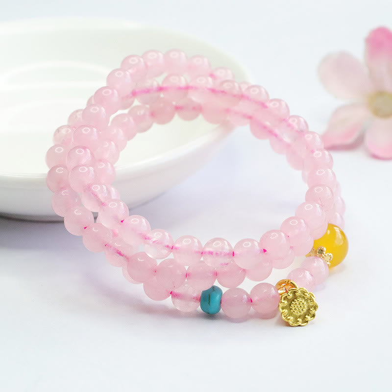 Fortune Jewel Pink Crystal Multi-Circle Yellow Chalcedony Lotus Warmth Bracelet