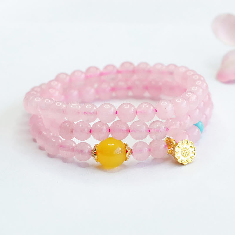 Fortune Jewel Pink Crystal Multi-Circle Yellow Chalcedony Lotus Warmth Bracelet
